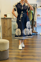 Palm Print Cotton Shirt Dress