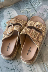 Double Buckle Raffia Platform Slide