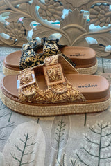 Double Buckle Raffia Platform Slide