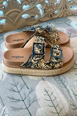 Double Buckle Raffia Platform Slide
