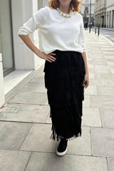 Fringed Tiered Midi Skirt