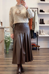 Faux Leather Midi Kilt Skirt