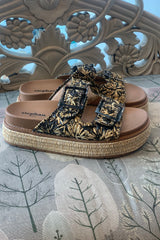 Double Buckle Raffia Platform Slide