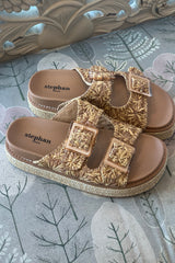 Double Buckle Raffia Platform Slide