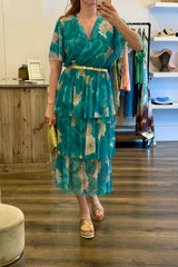 Tulle Floral Plunge Neck Flutter Sleeve Tier Maxi Dress
