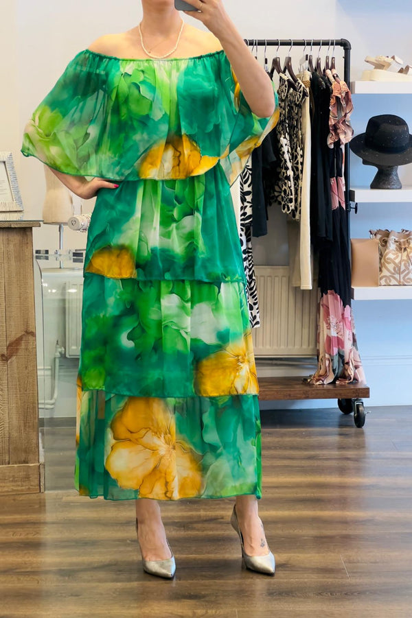 Off Shoulder Silk Midi Dress