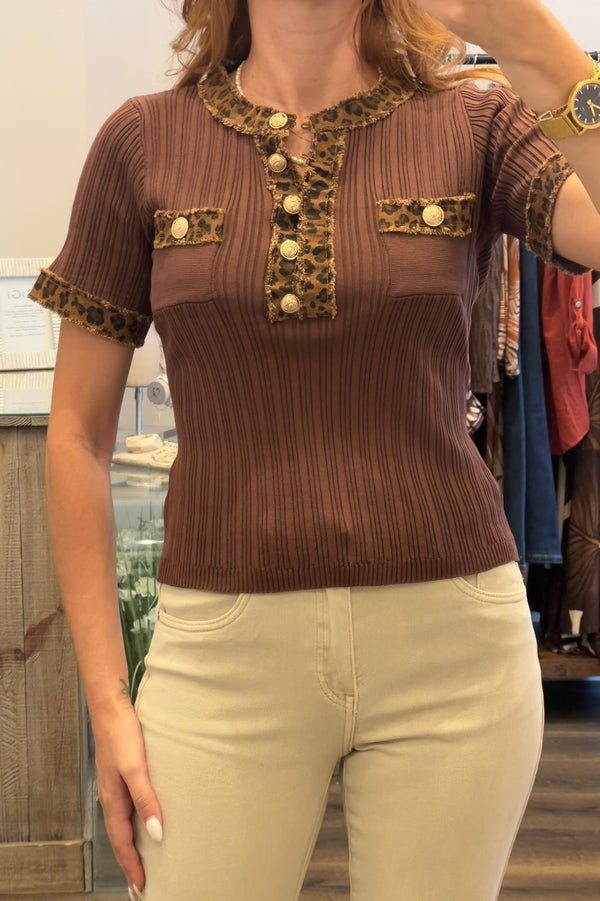 Leopard Trim Knit Top