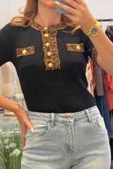 Leopard Trim Knit Top