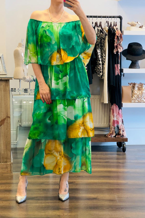Off Shoulder Silk Midi Dress