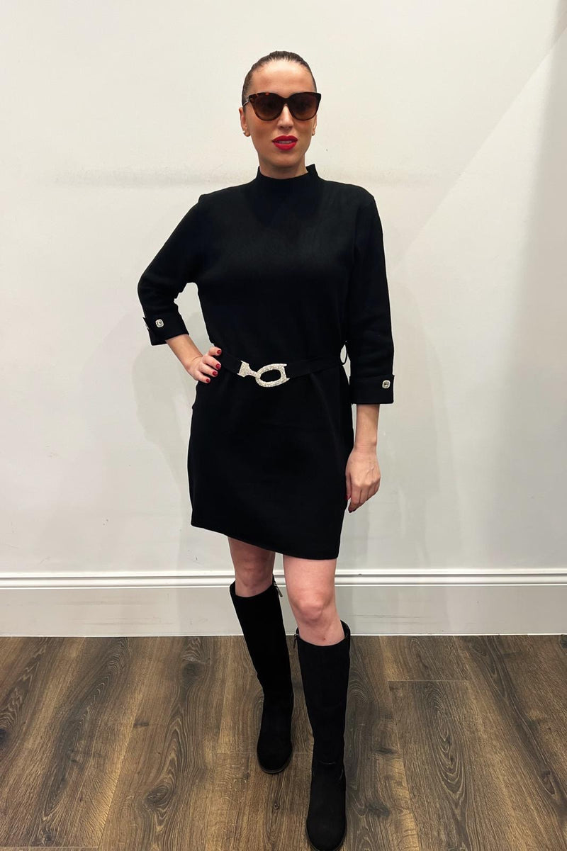 High Neck Belted Knitted Dress