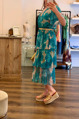 Tulle Floral Plunge Neck Flutter Sleeve Tier Maxi Dress