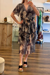 Tulle Floral Plunge Neck Flutter Sleeve Tier Maxi Dress