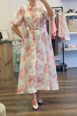 Crystal Flower Puff Sleeve Dress