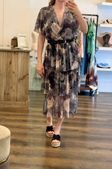 Tulle Floral Plunge Neck Flutter Sleeve Tier Maxi Dress