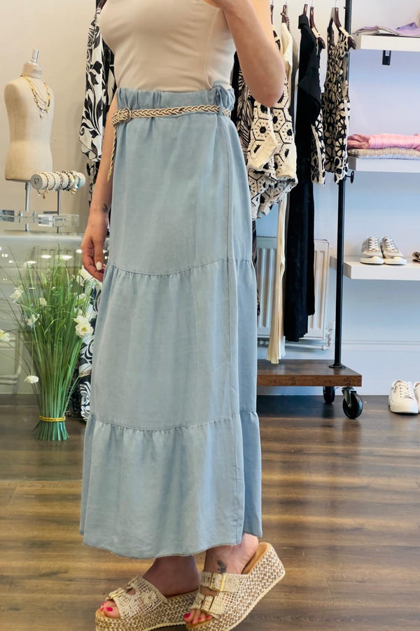Belted Chambray Denim Skirt