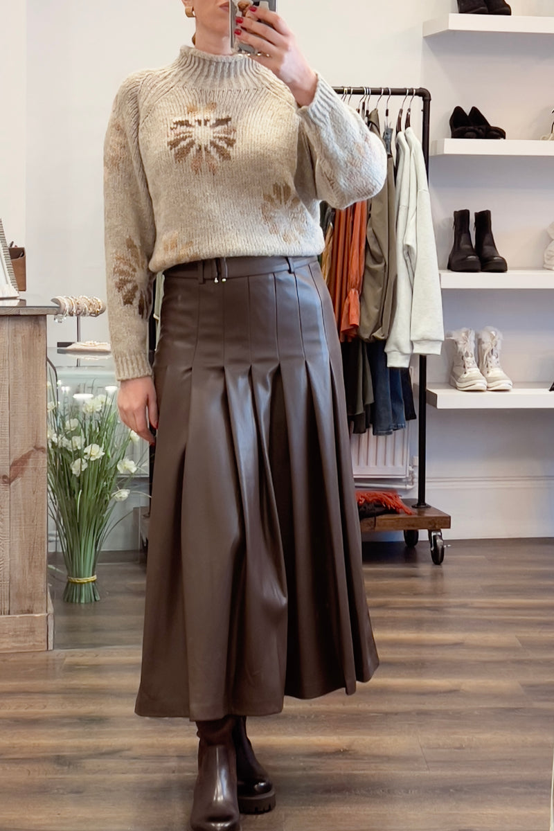 Faux Leather Midi Kilt Skirt