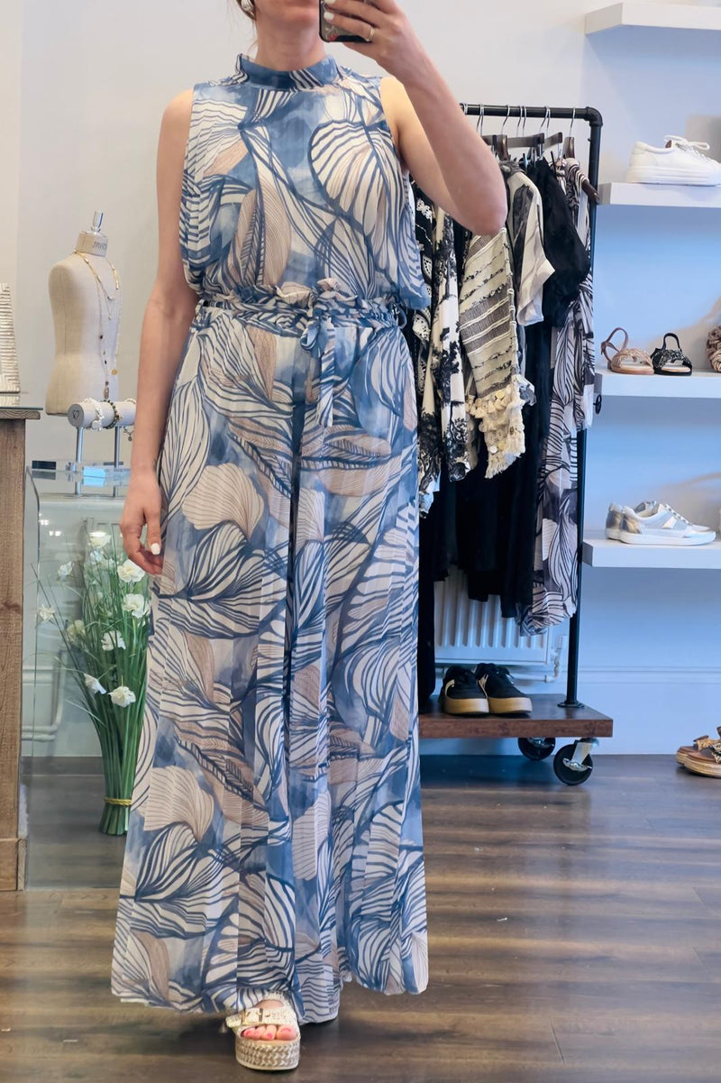 Leaf Print Pleated Wide Leg