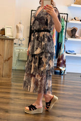 Tulle Floral Plunge Neck Flutter Sleeve Tier Maxi Dress