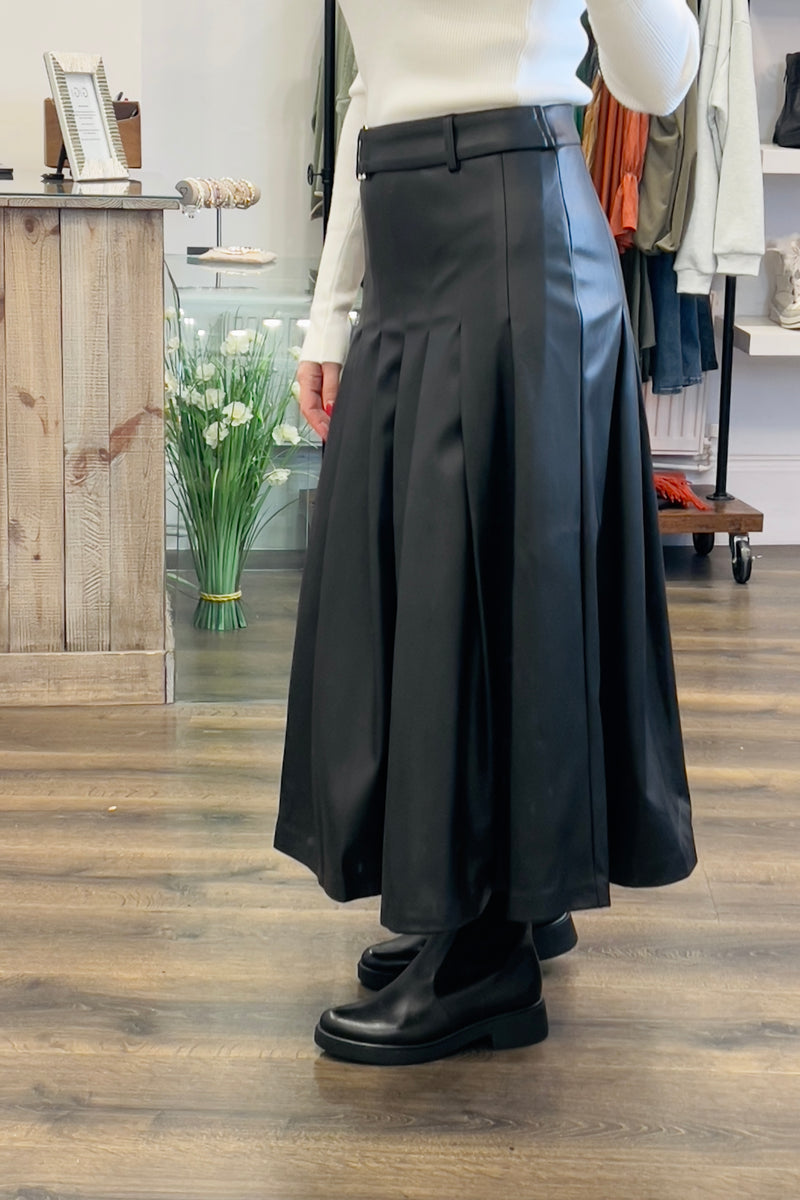 Faux Leather Midi Kilt Skirt
