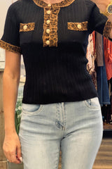 Leopard Trim Knit Top