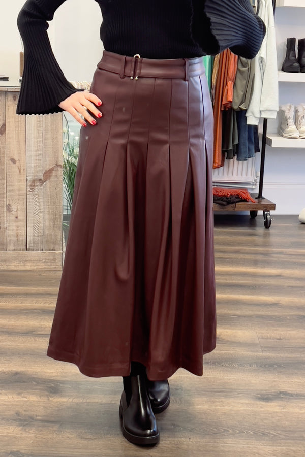 Faux Leather Midi Kilt Skirt