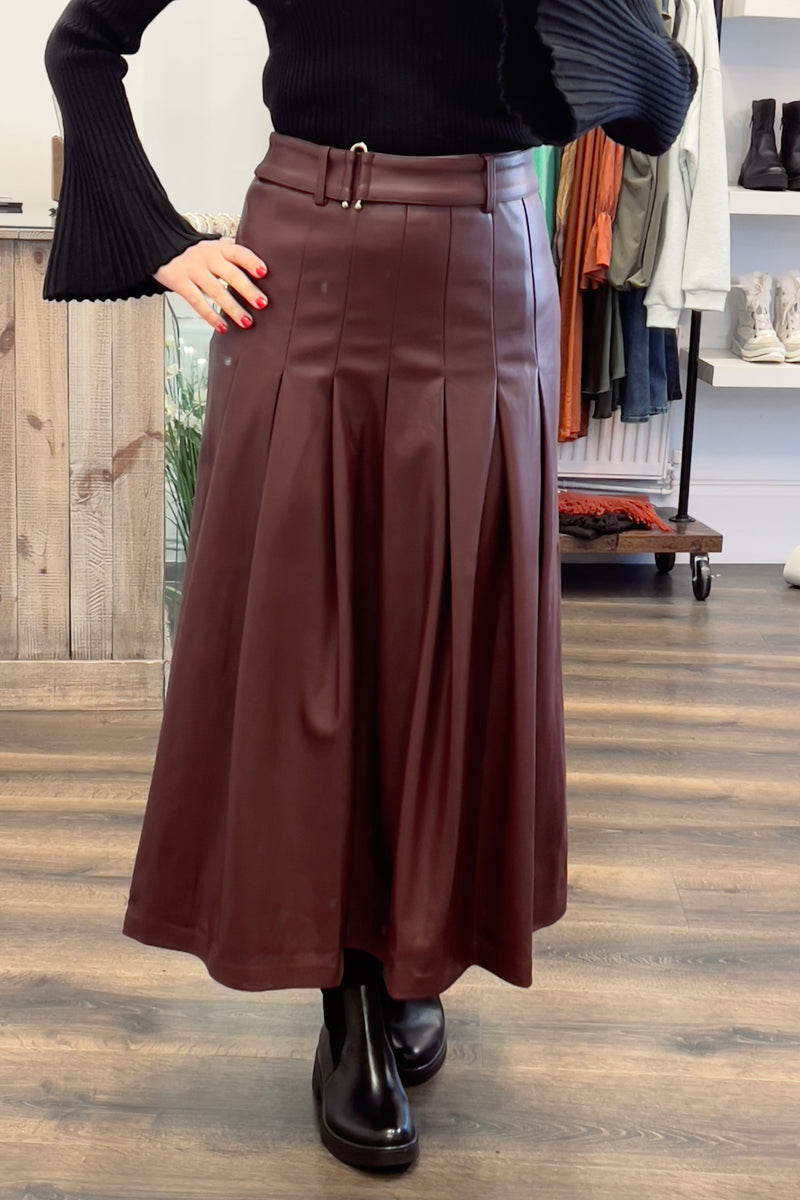 Faux Leather Midi Kilt Skirt
