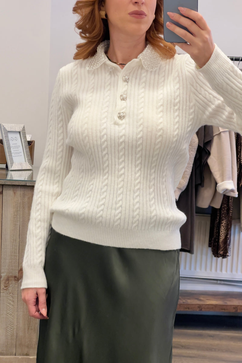 Pearl Collared Cable Knit