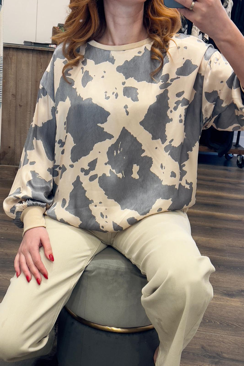 Satin Print Round Neck Top