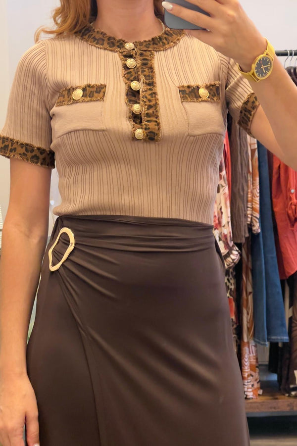 Leopard Trim Knit Top